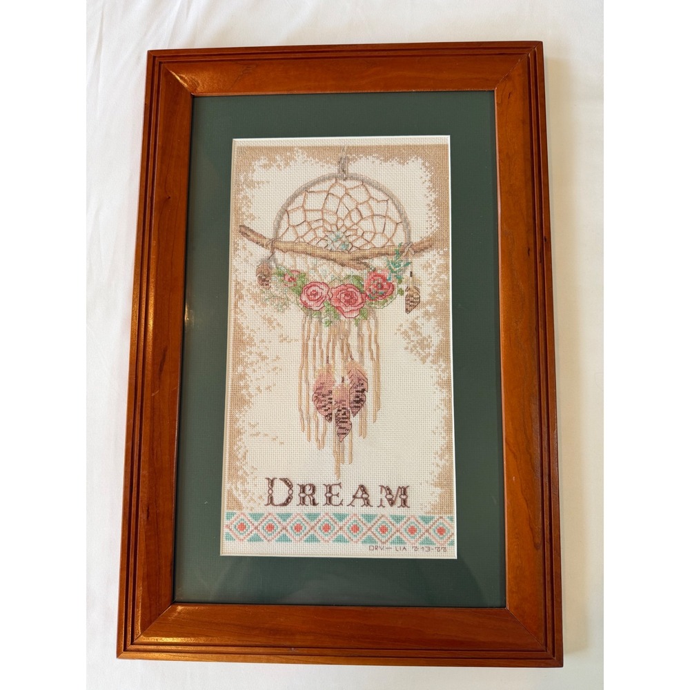 "Floral Dreamcatcher" Cross Stitch Framed Wall Art Boho Roses 22x14